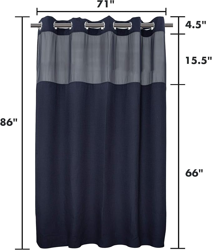 River Dream Navy Blue Fabric Shower Curtain Set, Cotton Blend, Waffle Weave, with Snap in Replacement Liner，71 x 86 inches