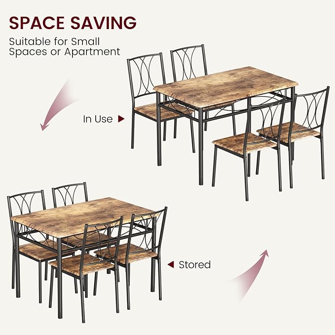 Dining Table Set for 4, Compact Kitchen Table and 4 Chairs, 5-Piece Kitchen Table Set, Space-Saving Design for Small Space, Dining Room, Apartment, Retro Brown