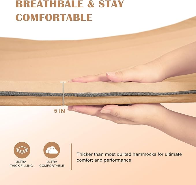 Lazy Daze Hammocks 12 FT Quilted Fabric Hammock with Curved Aluminium Spreaders Bar, Outside Double Thickened Hammock with Soft Pillow, Side Pocket 450 Lbs Capacity for Patio, Poolside, Khaki