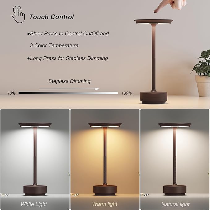 2 Pack Rechargeable Cordless Table Lamps, 5000mAh Portable Battery Table Light, 3 Color Stepless Dimming LED Table Light with Memory Function, for Outdoor/Home/Patio/Restaurant.(Rust)