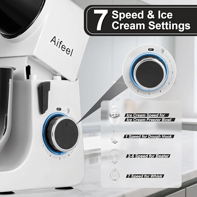 Aifeel Stand Mixer,6.5QT Kitchen Electric Mixer with 2QT Ice Cream Maker Bowl, 6 in 1 Multifunctional Bread Dough Mixer with Dough Hook,Whisk & Beater, Food Mixer for Baking (Black-White)