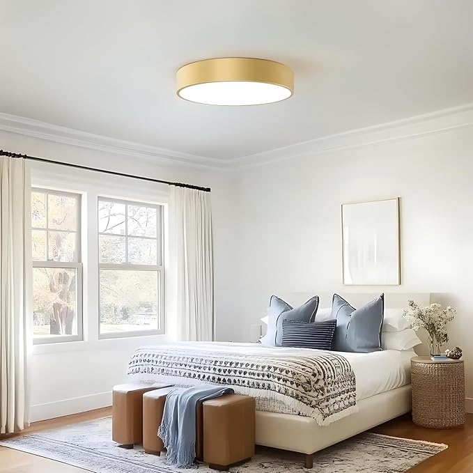 Gold Flush Mount Ceiling Light, 15.8 inch Modern Round Close to Ceiling Lighting Fixtures, Minimalist Ceiling Lamp for Living Room,Dining Room,Bathroom,Foyer,Hallway,Laundry(E12,3-Light