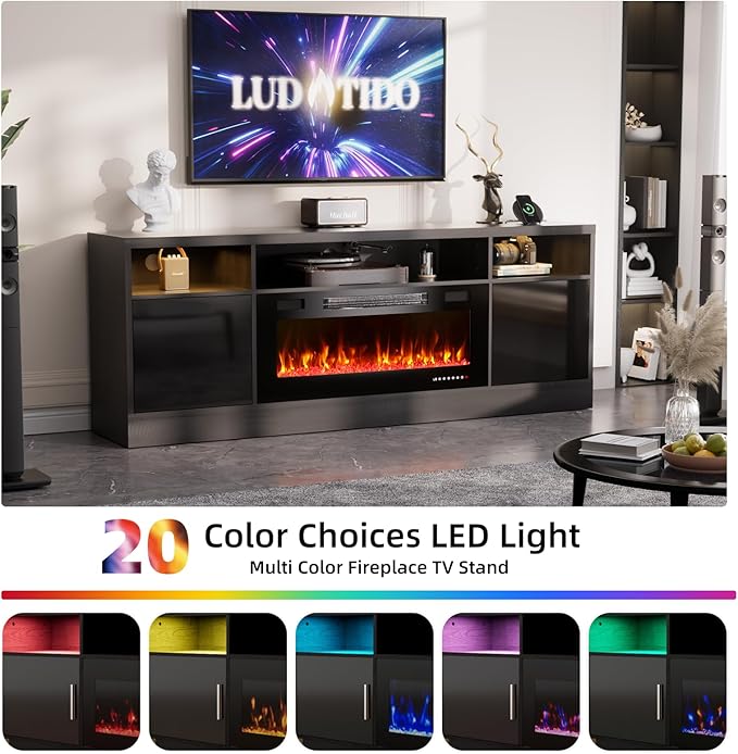 Ludatido 70 Inch Premium TV Stand with 36 inch Electric Fireplace 27 Inch high LED Light Entertainment Center Easy to Assemble for TVs Up to 85'' with USB&AC Power Interface Black