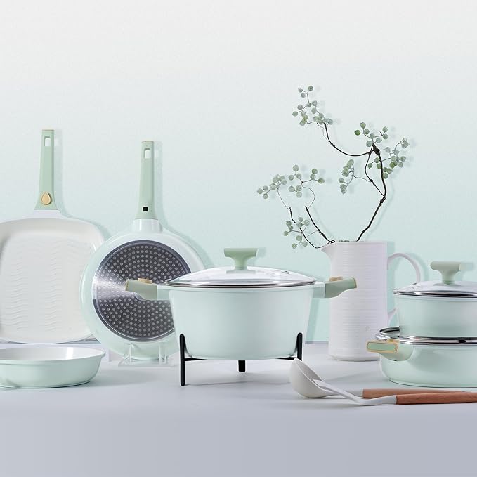 JEETEE Pots and Pans Set Non Stick 22pcs, Ceramic Cookware Set with Removable Handle, Healthy Kitchen Induction Cooking Pots Set with Detachable Handle, Oven Safe, PFAS & PFOA Free, Green, Beige