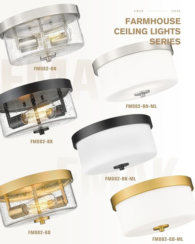 Emak Brushed Gold 2 Light Flush Mount Ceiling Light Fixture, 11 Inch Close to Ceiling Light Fixtures with Seeded Glass Shades for Hallway, Kitchen, Bathroom, Dining Room, FM082-GD