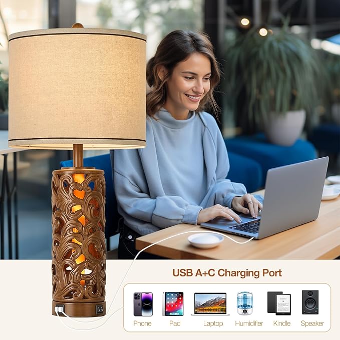 AIDENOEY 27.5" H 3-Way Dimmable Touch Control Table Lamp with USB A+C Ports, Vintage Walnut Finish Resin Bedside Farmhouse Table Lamp Set of 2，for Living Room，Bedroom，Office