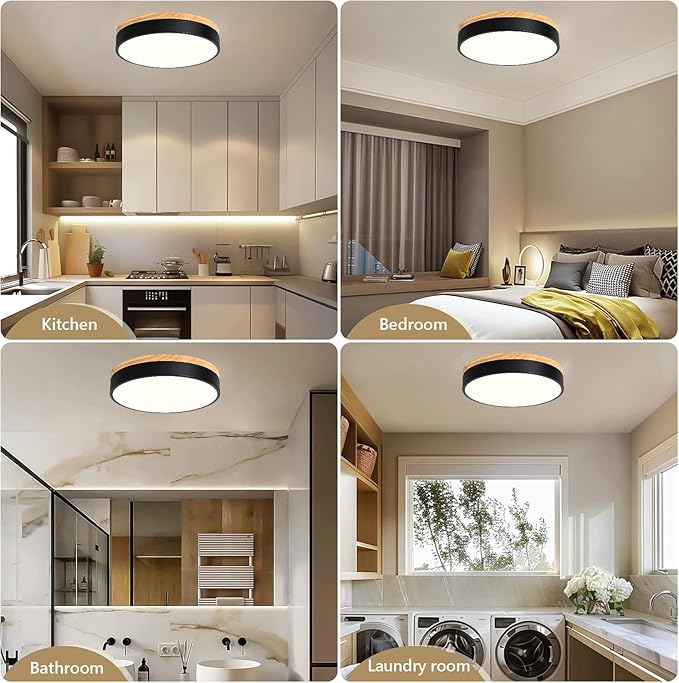 Dimmable Modern Wood Ceiling Light, Black LED 5CCT 2700K-6000K Flush Mount Ceiling Lighting Fixture, Round Light Fixtures for Kitchen Entryway Hallway Bedroom Laundry Room-11.8in