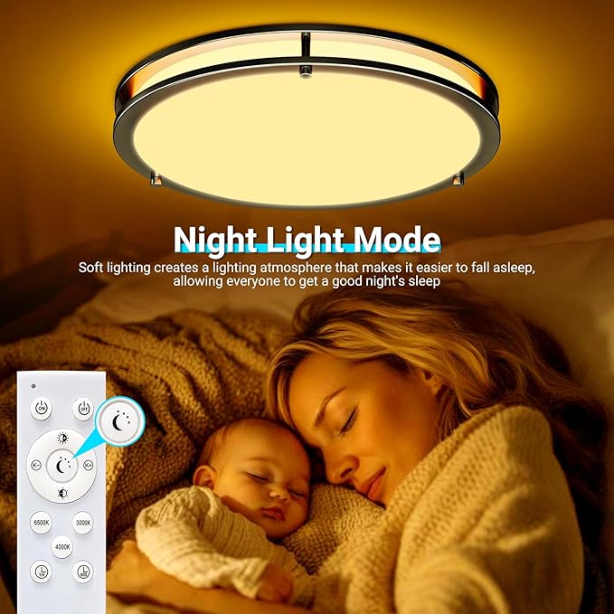 libtit 16Inch Flush Mount Ceiling Lights with Remote, 36W Dimmable LED Ceiling Light 3000K-6500K Adjustable, Large & Bright Black Light Fixture for Kitchen Bedroom LivingRoom -1Pack