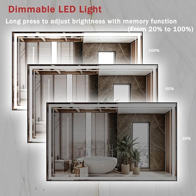 60" x 36" LED Bathroom Mirror with Lights Framed LED Mirror for Bathroom Backlit and Front Lighted Bathroom Mirror Black Square Aluminum Frame Anti-Fog Dimmable Adjustable Shatter-Proof