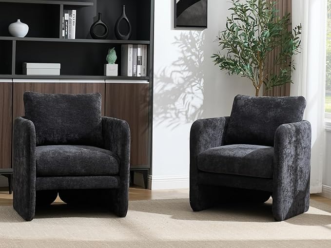 Modern Barrel Accent Chairs Set of 2, Beige Chenille Fabric Armchair for Living Room, Comfy Upholstered Reading Accent Chairs Single Sofa Chair for Bedroom Waiting Room Office, Black