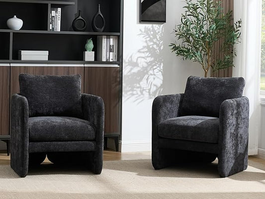 Modern Barrel Accent Chairs Set of 2, Beige Chenille Fabric Armchair for Living Room, Comfy Upholstered Reading Accent Chairs Single Sofa Chair for Bedroom Waiting Room Office, Black