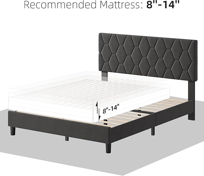 GAOMON Grey Queen Bed Frame with Upholstered Headboard, Heavy-Duty Platform Bed Frame with Strong Wood Slats, No Box Spring Needed/Easy Assembly/Noise Free