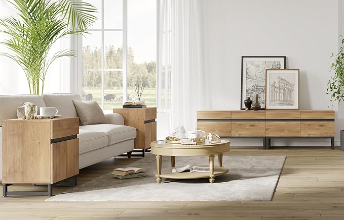 WAMPAT TV Stand and End Table Set of 3, Modern Living Room Table Sets, 70 Inch TV Stand and 2 End Tables with Drawers, Oak