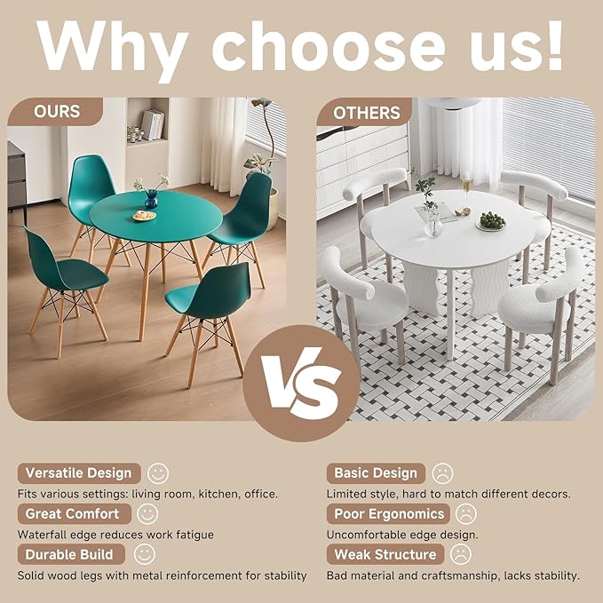 35.5'' 5 Piece Round Dining Table Set for 4, Mid-Century Modern Table with Chairs, Space Saving, Plastic Seats, Wood Legs, Circle Dinner Table for Kitchen, Home, Apartment, Green