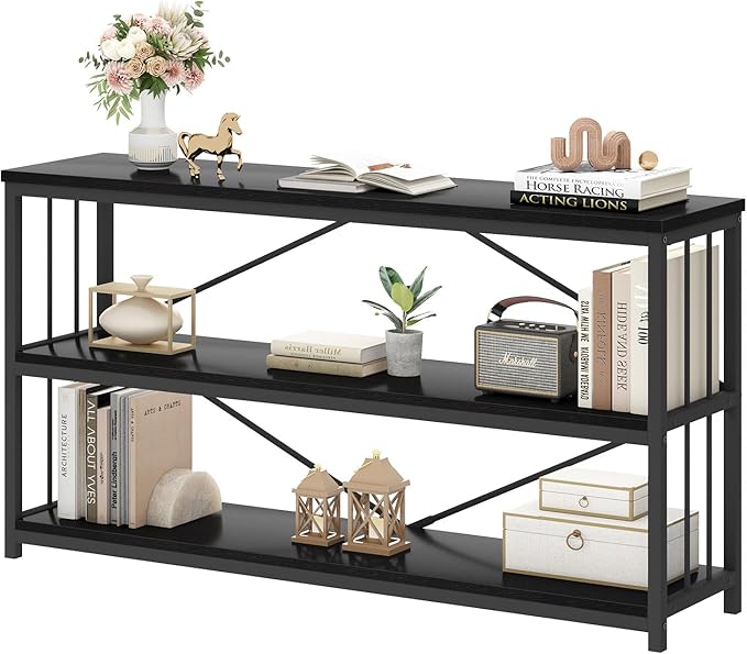 HSH Black Long Bookshelf, Large Wood Wide Horizontal Bookcase Under Window, Modern Long Open Book Shelf for Bedroom Living Room, Industrial Wooden Metal Bookshelves for Home Office, Black Oak, 63 Inch