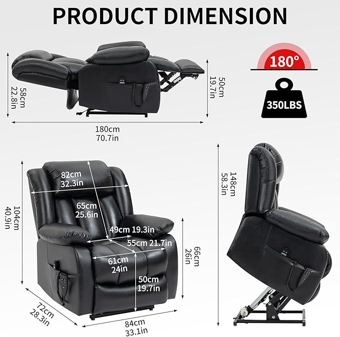 Dual Motor Large Recliner with Massage and Heat, Power Lift Chairs for Elderly, Leather Recliner Chairs for Adults with 2 Remote Controls, Black Big and Tall Recliner