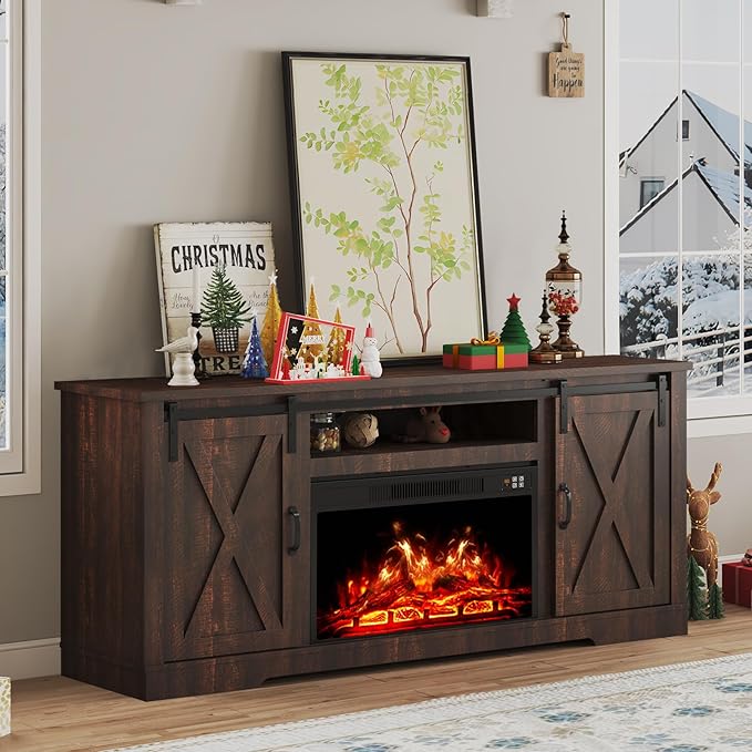 AMERLIFE Fireplace TV Stand with Sliding Barn Door for TVs up to 73", Farmhouse 63" Fireplace Entertainment Center with Storage Cabinets/Adjustable Shelves, Reclaimed Barnwood
