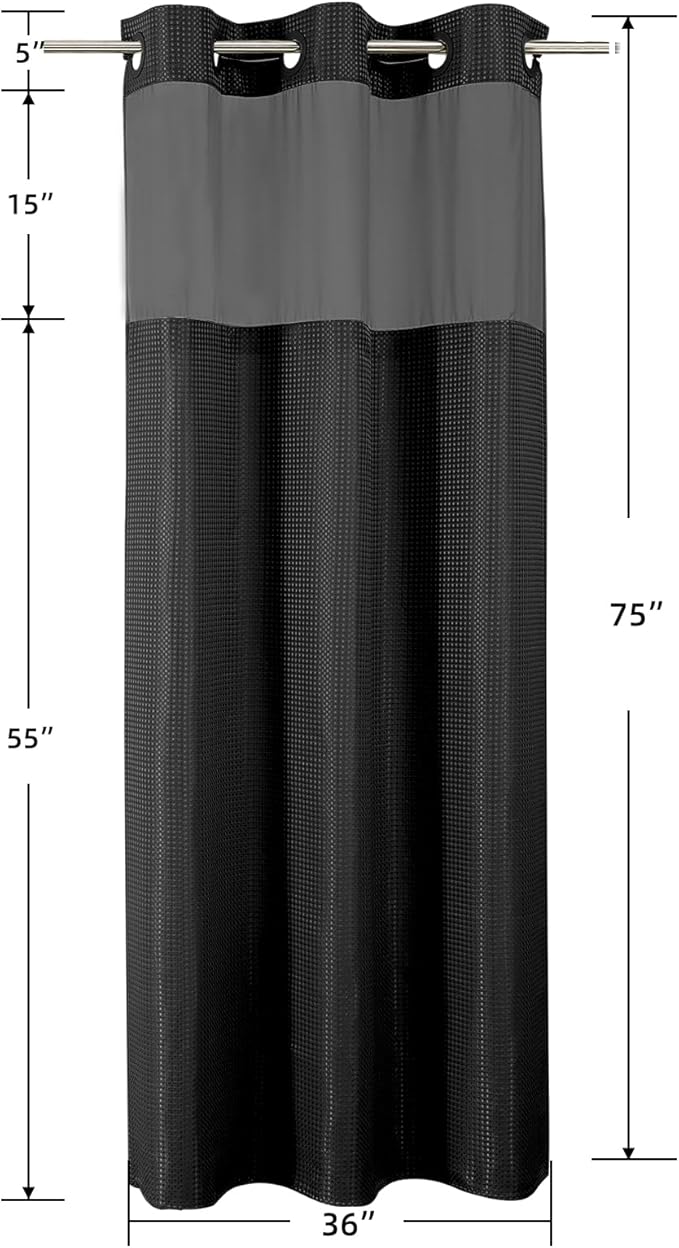 Colorful Star Small Stall Shower Curtain with Snap in Fabric Liner, Waffle Weave No Hook Shower Curtains with Mesh Top Window, Hotel Style Waterproof Bathroom Curtain Set, 36 x 75 Inch, Black