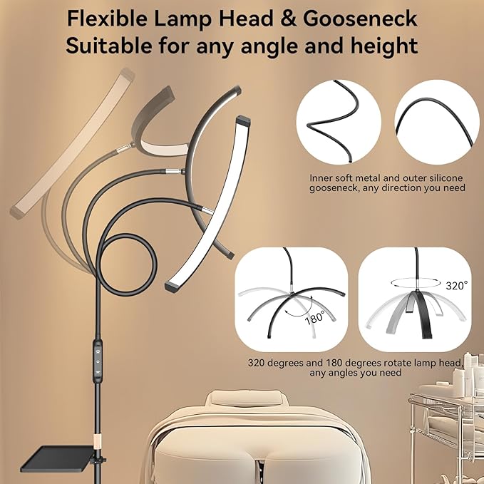 Lash Light for Eyelash Tech, Led Half Moon Light Floor Lamp for Eyelash Extensions, Tattoo, Esthetician Artists, Nail Art, Skincare, Adjustable Height, Dimmable Brightness, with Movable Tray