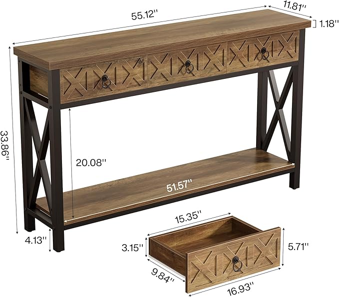 Tribesigns Farmhouse Narrow Console Table with 3 Drawers, 55" Long Rustic Entryway Table with 2-Tier Storage Shelf, Behind The Sofa Furniture for Living Room, Entrance, Hallway, Foyer, Brown & Black