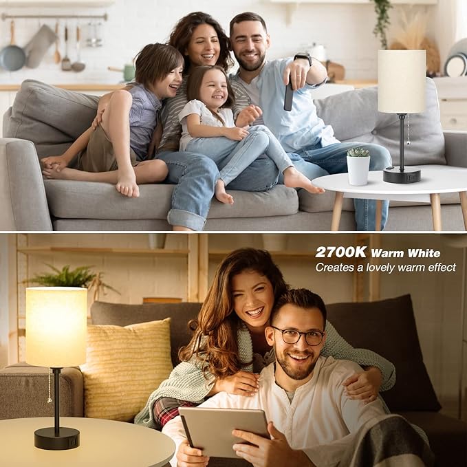 Beige Small Lamps 3 Levels Brightness - 2700K 3500K 5000K Bedside Lamps with USB C and A Ports, Pull Chain Table Lamps with AC Outlet, Nightstand Lamps with Black Metal Base for Bedroom Kids Reading