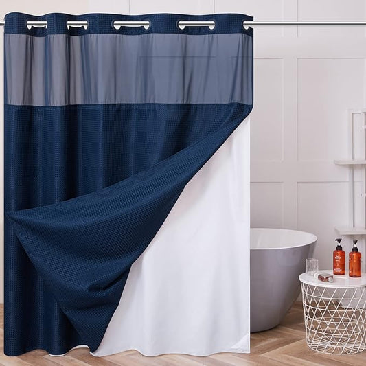 No Hook Waffle Weave Shower Curtain with Snap in Fabric Liner Set,Heavy Duty Textured Bathroom Curtain with See Through Window,Waterproof & Machine Washable,Navy Blue,71x78 Inch