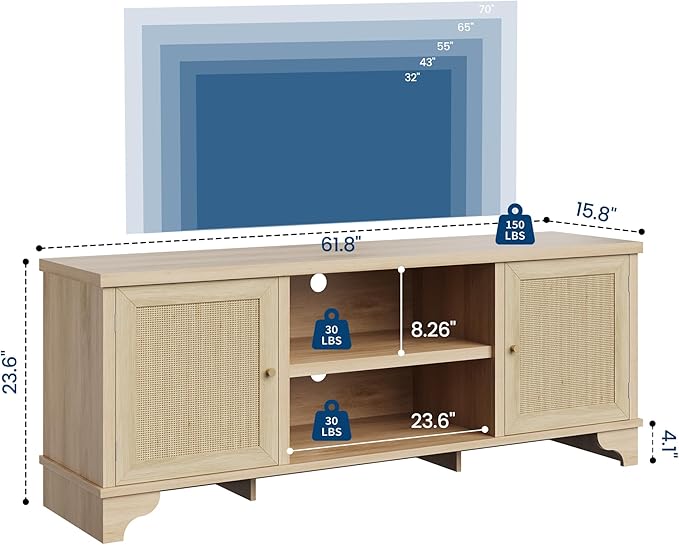 Rattan TV Stand Fits TVs Up to 70 Inches, Farmhouse Entertainment Center with Cabinets and Open Shelves, Wooden Media Console Table for Living Room, Oak