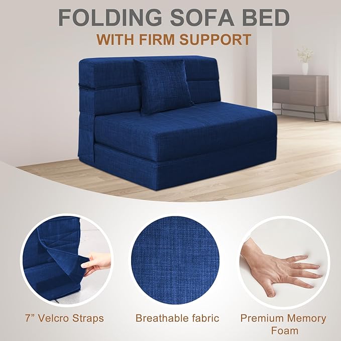 Folding Sofa Bed Couch Memory Foam with Pillow Sleeper Chair Lazy Couch Twin Size Futon Convertible Guest Beds,Washable Cover,Dark Blue