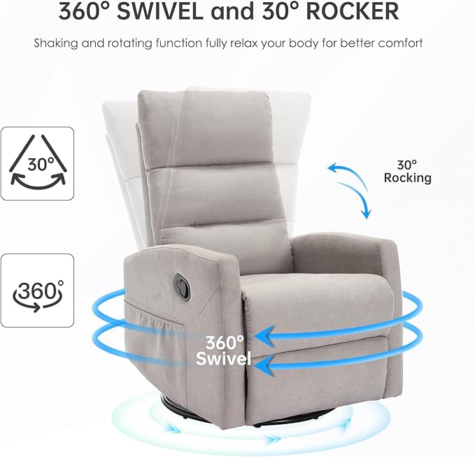 360° Swivel Recliner Chairs for Small Spaces, A Recliner with Side Pockets, Small Rocker Recliner for Living Room, Bedroom, Light Gray Recliner Chair for Adults