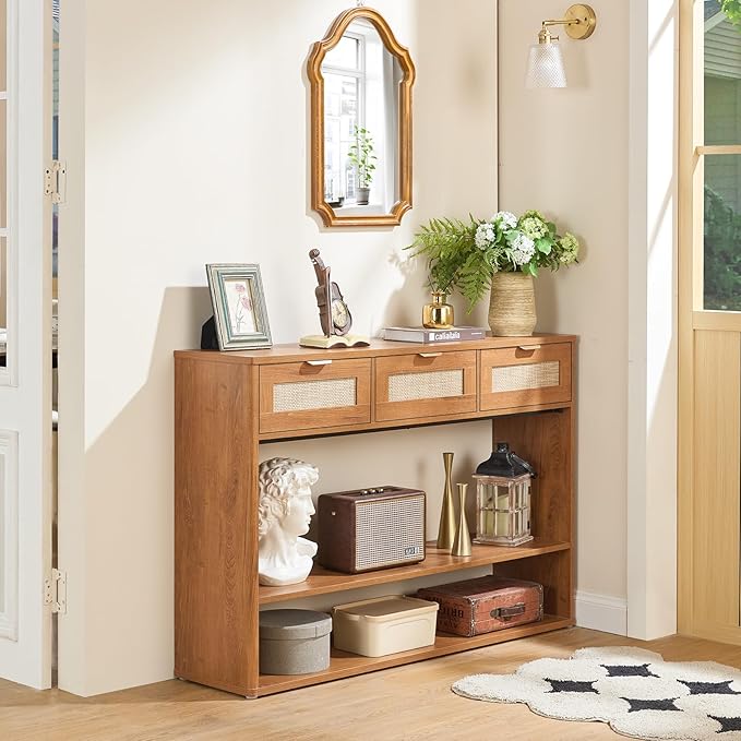 LEYAOYAO 48" Boho Rattan Console Table with 3 Drawers Set of 2,Wooden Entryway Table with Open Storage Shelf, 3 Tier Narrow Long Behind Couch Sofa Tables for Living Room, Hallway, Foyer, Brown