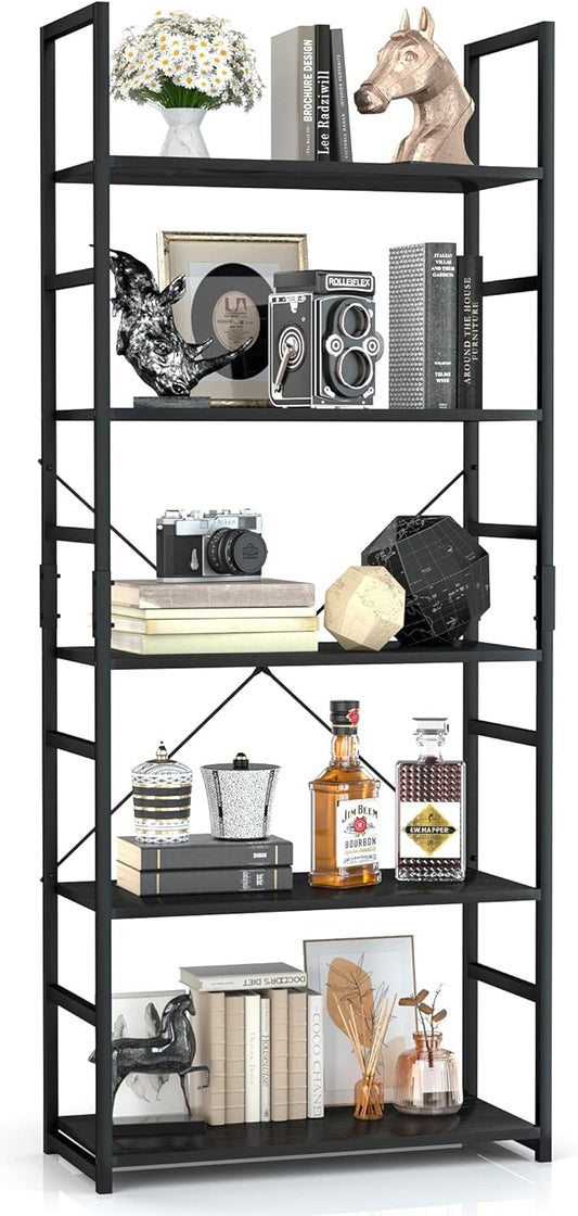 OTK 5 Tier Bookshelf, Tall Bookcase, Office Shelf Storage Organizer, Modern Book Shelf for Living Room, Bedroom, and Home Office, Black