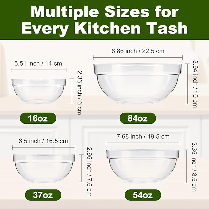 4 Pcs Acrylic Salad Bowls Plastic Serving Bowls for Party for Snack or Chip Candy Dish Party Salad Container 16oz/37oz/54oz/84oz
