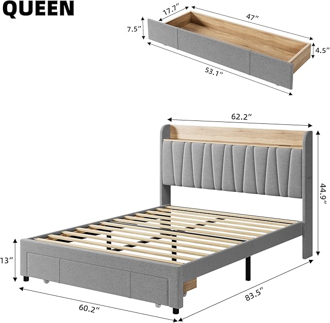 GarveeHome Upholstered Bed Frame with Storage Headboard and Charging Station, Platform Bed Frame with Drawers, Heavy Duty, No Box Spring Needed, Easy Assembly, Grey, Queen Size