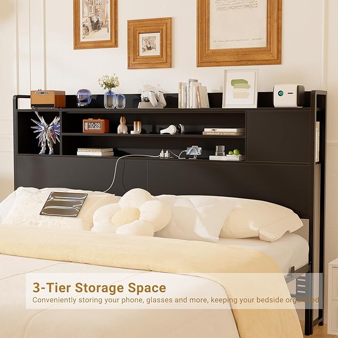 Unikito Headboard for King Size Bed, Bookcase Style Head Board with Power Outlet and RGB LED Light, Reversible Headboard with Storage, Height Adjustable, Sturdy and Stable, King Size, Black