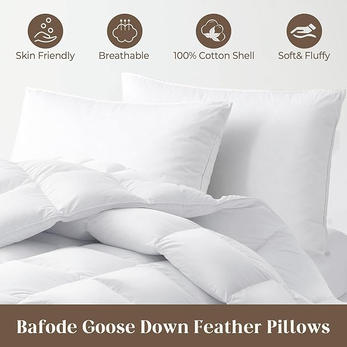 Goose Down Feather Pillows, Soft Bed Pillows King Size Set of 2, 100% Soft Cotton Shell,Gusseted Hotel Pillows for Back, Stomach or Side Sleepers