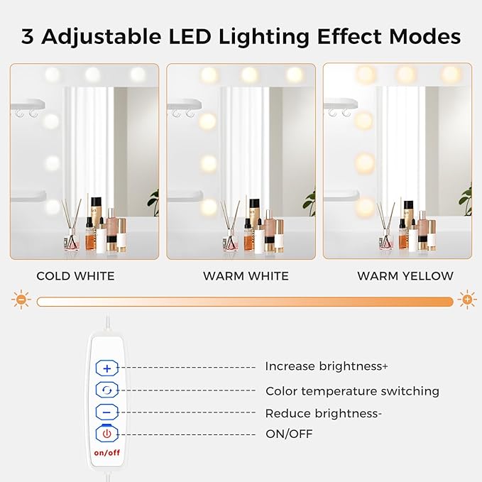35” Small Vanity Desk with Mirror and Lights,10 Lights,3 Color Modes,Makeup Vanity Desk with 4 Storage Shelves 4 Drawers and Power Outlet,for Bedroom & Dressing Room,White vanitys