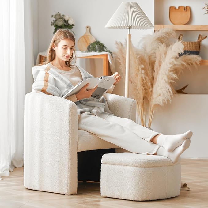 COLAMY Upholstered Sherpa Barrel Accent Chair with Storage Ottoman, Morden Living Room Chair, Armchair Single Sofa for Bedroom/Reading Spaces, Cream