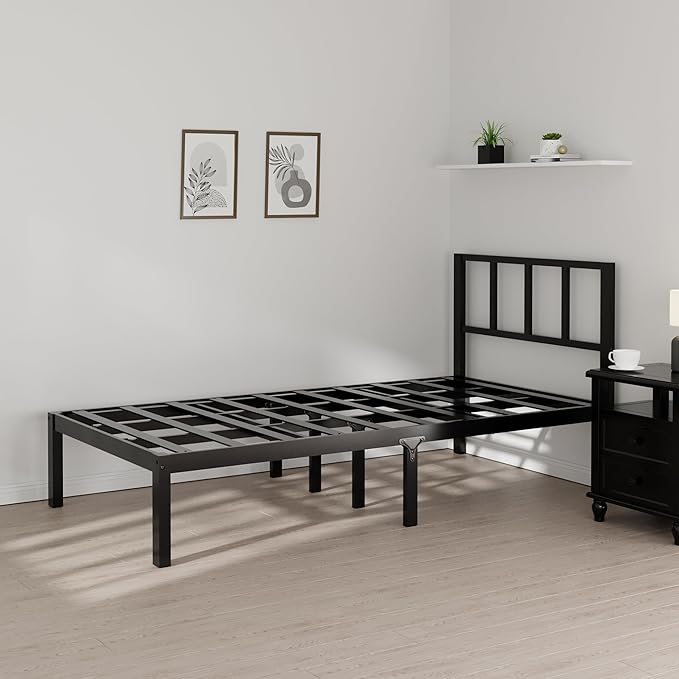 14 Inch Bamboo Bed Frame – Solid Wood Platform Bed Frame, Strong and Stable, with Non-Slip Slats for Support, No Box Spring Needed, Easy to Assemble, Noise-Free (Black with Headboard, Twin)