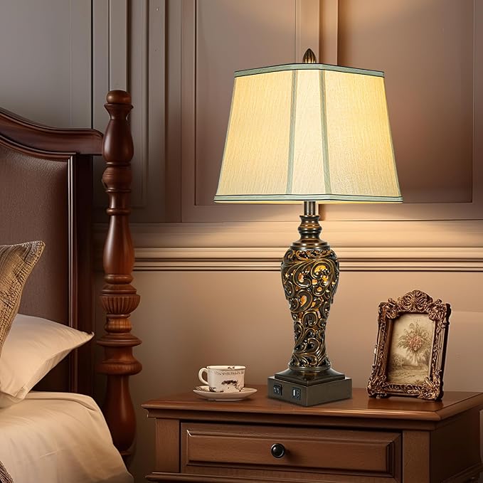 28.5" high Vintage Brown Table Lamps Set of 2 - Bedside Lamp with Faux Silk Shades - for Bedroom and Living Room with USB and Nightlight - Perfect for Nightstands and Bedrooms (Bulb Included)