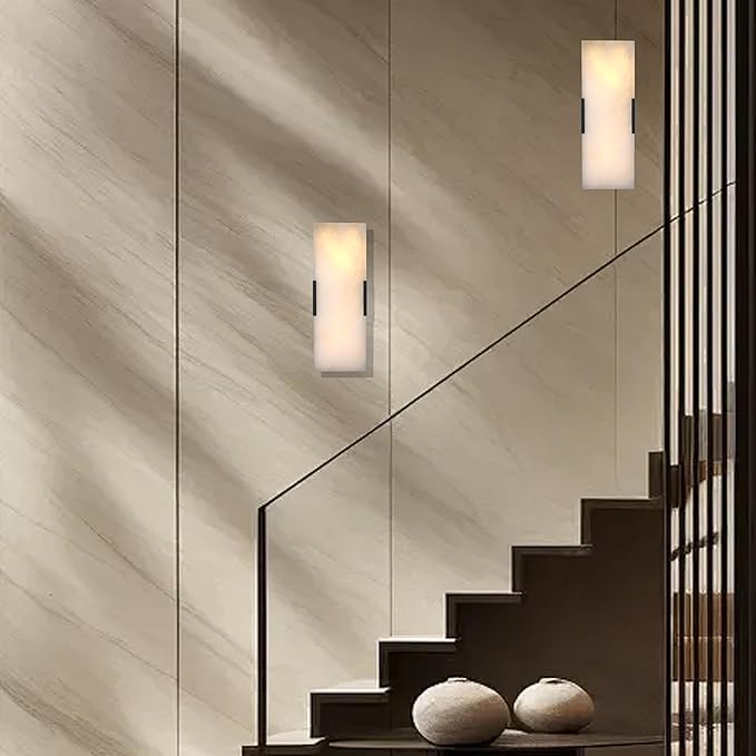 2 Pack 2 Light Natural Square Alabaster Marble Bathroom 15 Inch Wall Sconce Modern Concise Style Wall Light Fixtures,Dark Gray Finish for Bedroom Hallway Bedside Living Room