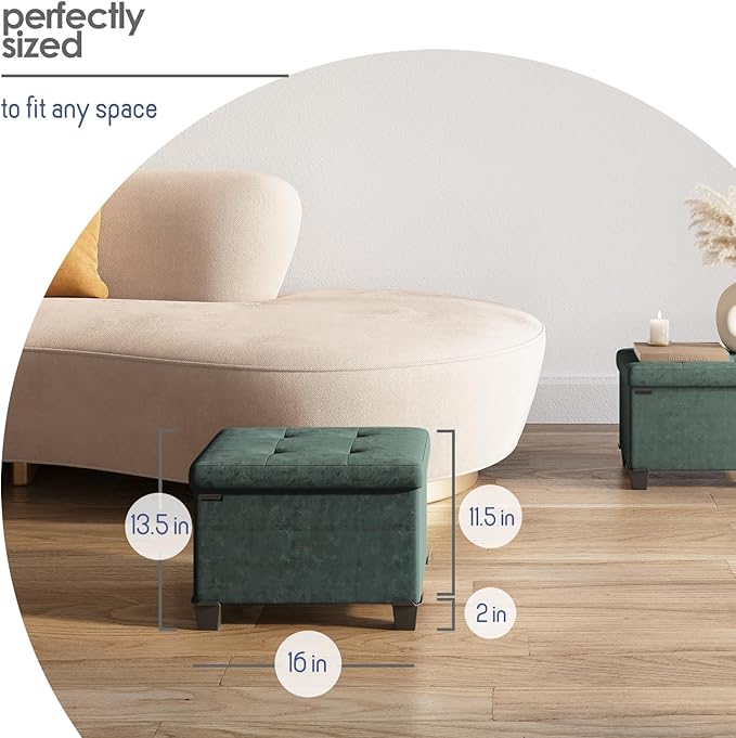 STORAGEBUD Storage Ottoman Cube with Small Bin, 16-in Square Ottoman with Storage for Living Room and Bedroom, Small Ottomans Foot Rest, Velvet Foot Stools Ottomans Max 330lbs, Green