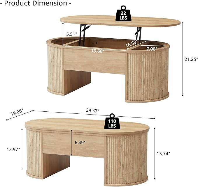 QHITTY Fluted Coffee Table with Lifting Top, Oval Wood Lift Top Coffee Table with Hidden Compartment, Mid Century Pull up Center Tables for Living Room, Office - Natural