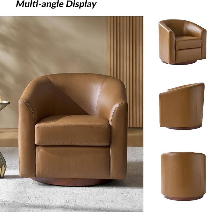 HULALA HOME Faux Leather Swivel Accent Chair with Solid Wood Base, Round Swivel Barrel Chair for Living Room and Bedroom, Camel