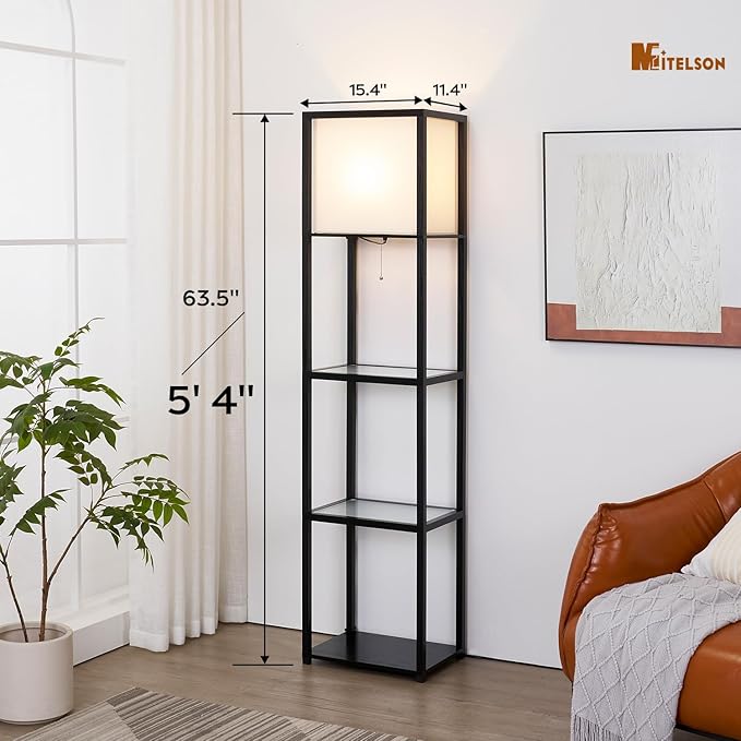 Floor Lamp with Shelves, Modern Standing Lamp with Tempered Glass, Large Display Shelf Lamp, Tall Lamps with Shelves for Living Room, Bedroom, Office, Black