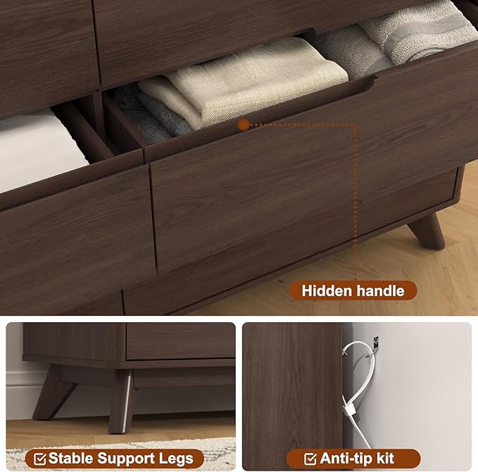 Dresser for Bedroom with 6 Drawers, 55" Large Dresser & Chest of Drawers with Charging Station, Wood Closet Clothes Storage Long Dressers Organizer for Bedroom Living Room Hallway (Brown)