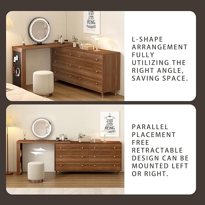 Makeup Vanity Desk Set with Full Aluminum HD Lighted Mirror and Stool, 60-100in Extendable Modern Vanity Table, 6-Drawer Solid Wood Frame Chest, Dressing Table for Bedroom, Brown