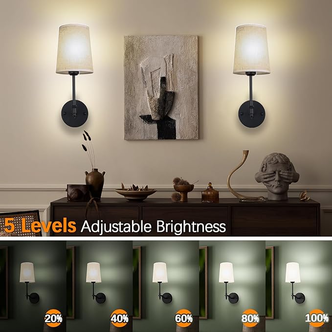 Battery Operated Wall Sconces Set of 2, Black Rechargeable Wall Lights with 15 RGB Dimmable Detachable Bulbs and Remote, Wireless Battery Powered LED Wall Lamp for Living Room Bedroom