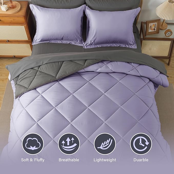 Cosybay Bed in a Bag Queen Reversible Comforter Sets 7pcs All Season Down Alternative Bedding Sets Lavender and Grey with Comforter, Pillow Shams, Flat Sheet, Fitted Sheet and Pillowcase