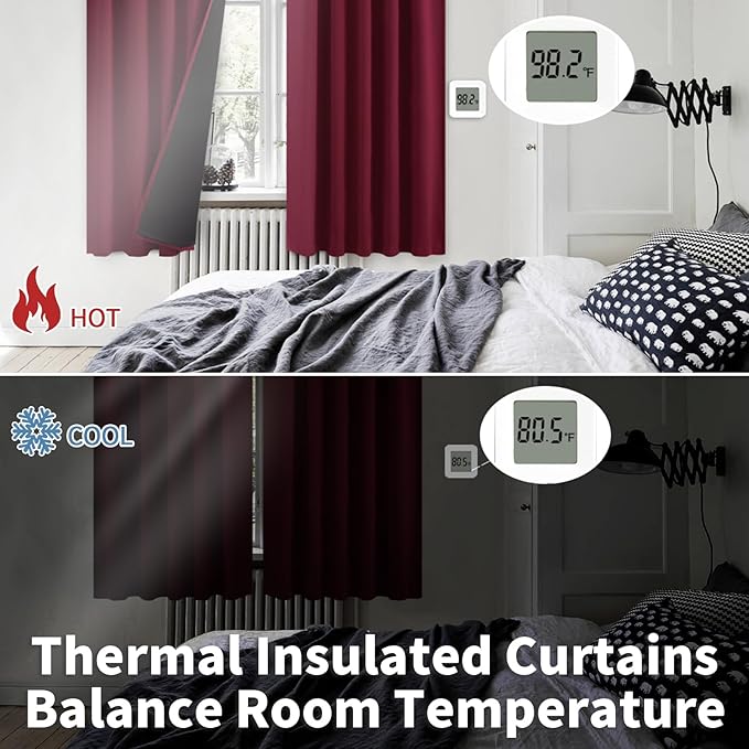 BGment Burgundy Red Full Blackout Curtains with Insulated Lining 90 Inches Long，Rod Pocket and Back Tab Double Layer Room Darkening Window Christmas Panels for Bedroom(52 x 90 Inch, 2 Panels)