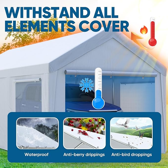 Quictent 10x20 ft Heavy Duty Carport Canopy Galvanized Car Tent Outdoor Garage Boat Shelter with Reinforced Structure with Roll-up Ventilated Windows Sidewall - White